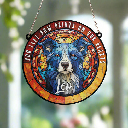 Border Collie Paw Print Heart Stained Glass Effect Suncatcher